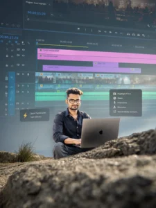 Video editing workspace for corporate event highlight films.